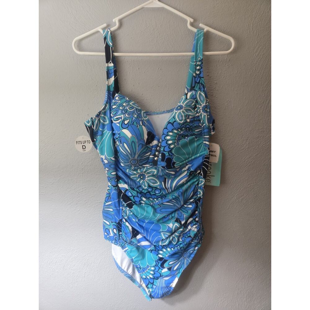Penbrooke Women's Size 20W One Piece Blue Shell A Go Beaded Swimsuit 5500304X